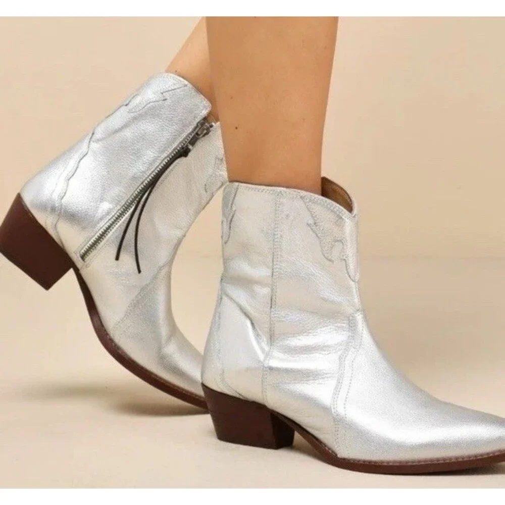 Free People Frontier Silver Leather Western Ankle Booties Size 36 - Picture 2 of 10